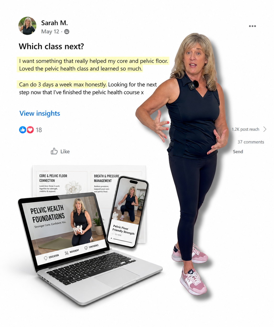 Student social-proof testimonial alongside Pelvic Health Foundations course preview on laptop and phone