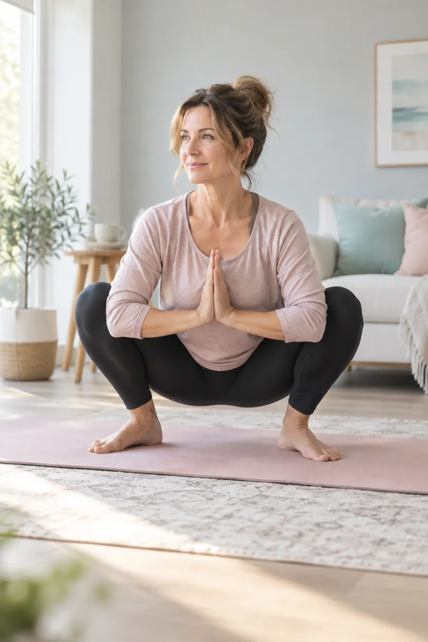 Woman doing a supported deep squat stretch on a mat at home